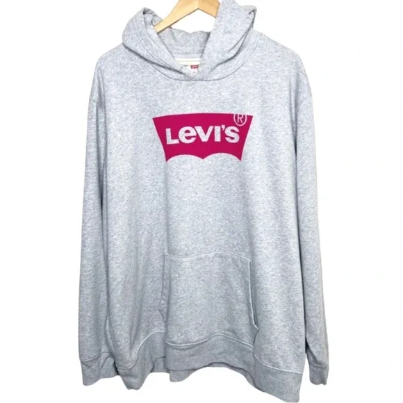 Levis Womens XXL Gray Pink Batwing Logo Graphic Pullover Hoodie Sweatshirt 38797 - Picture 2 of 8